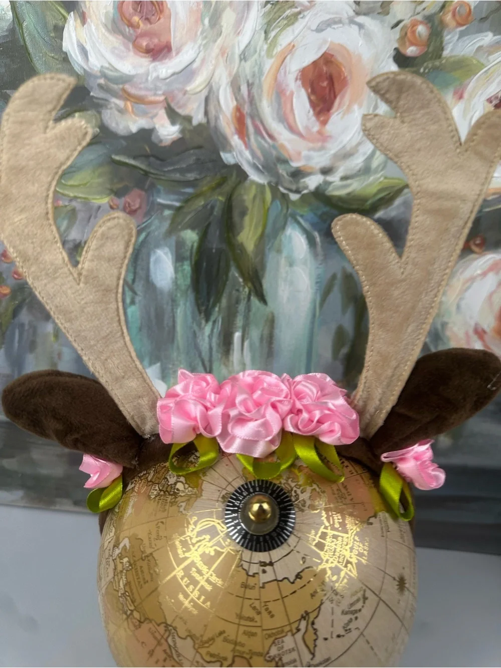 Floral Reindeer Deer Antler Headband Brown Ears Pink Flowers Costume